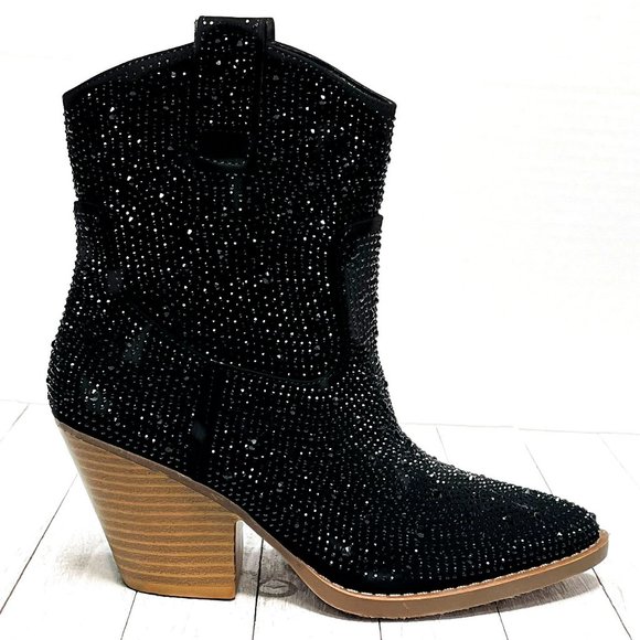 New Black Rhinestone Cowboy Ankle Boots Western Booties - Picture 1 of 8